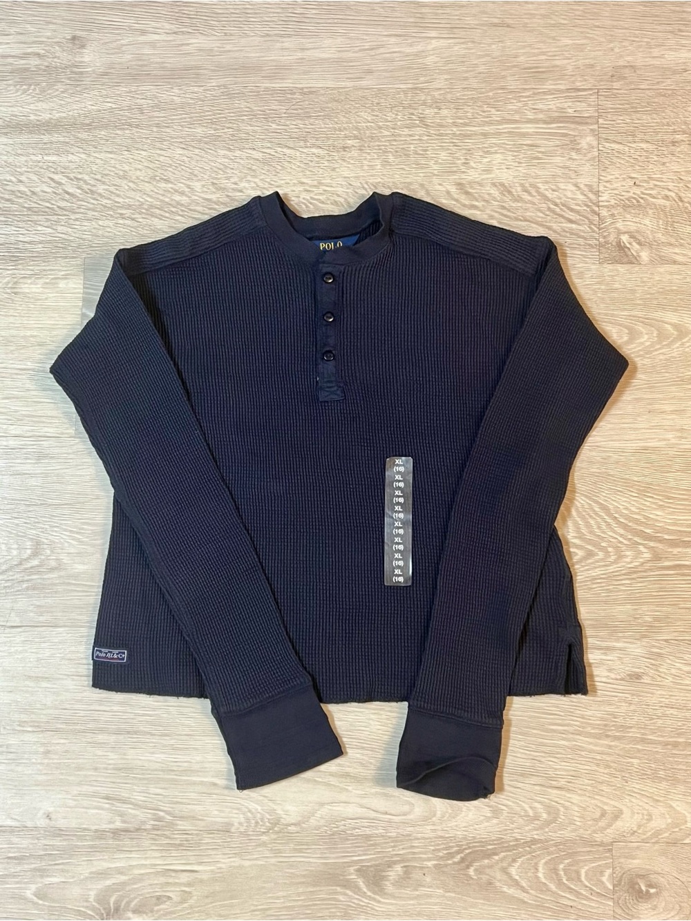 NWT Polo Ralph Lauren Girls XL 16 Navy Waffle Knit Henley Thermal Top